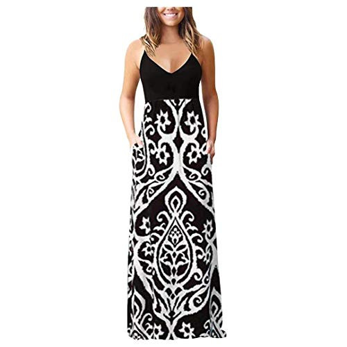 Women's Boho Floral Maxi Dress V Neck Sleeveless Summer Casual Spaghetti Strap Long Cami Dress with Pockets White Women's Boho Floral Maxi Dress V Neck Sleeveless Summer Casual Spaghetti Strap Long Cami Dress with Pockets White