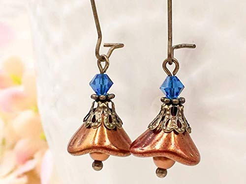 Burnt Orange and Cobalt Blue Earrings Luster Copper Czech Glass Flower Earrings Antiqued Style Artisan Fairy Floral Jewelry Burnt Orange and Cobalt Blue Earrings Luster Copper Czech Glass Flower Earrings Antiqued Style Artisan Fairy Floral Jewelry