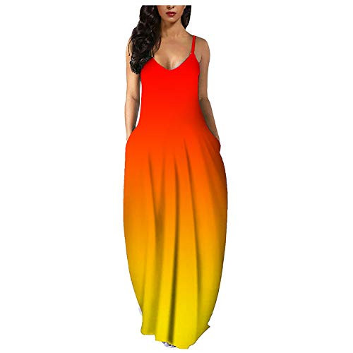 Womens Dresses Casual Summer Sundress Sleeveless V-Neck Gradient Tie-dye Loose Maxi Long Dress Tank Tunic Dress Orange