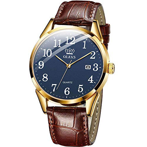 OLEVS Men Watch Brown Leather Casual Classic Large Blue Face Number Easy Reader Analog Quartz Dress Waterproof 3ATM Wristwatch