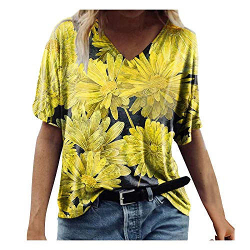 Womens Tops and Blouses-Women's Summer Tops Casual V Neck Cute Printed Blouses Loose Short Sleeve Casual Tunic Shirts Tees Yellow