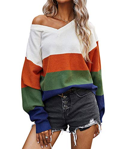 COMELY Women's Casual V Neck Color Block Knit Sweaters Loose Long Sleeve Striped Pullover Tunic Tops Orange