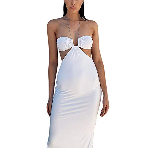 HYxwrjoker Women Sexy Knitted Dresses Cutout Bodycon Maxi Dress Spaghetti Strap Halter Neck Backless Dress Y2K Streetwear-B-White-S-