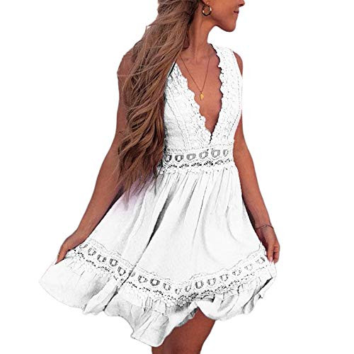 Women's Sexy Boho Swing Dress Deep V Neck Backless Sleeveless Lace Ruffle Hem A Line Beach Pleated Mini Dress -White- L-