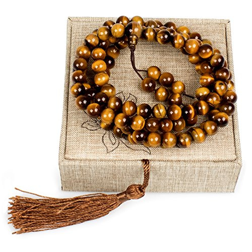 Mala Beads - Tibetan Mala Prayer Japa Beads Bracelet Necklace - Prayer Beaded Bracelet Necklace - 108 Tiger Eye Semi Precious Gemstones Jewelry for Mantra and Meditation-Tiger Eye-Mala Beads-