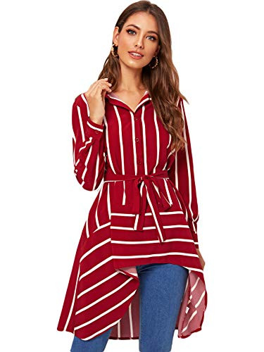 SheIn Women's Long Sleeve Striped High Low Hem Belted Button Front Blouse Top Shirt Red S