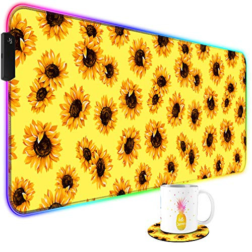 RGB Gaming Mouse Pad and Cute Coffee Coaster- Sunflowers Large Extended Soft Led Mouse Pad with 10 Lighting Mode- Computer Keyboard Mousepads Mat 800 x 300mm / 31.5x11.8 inches