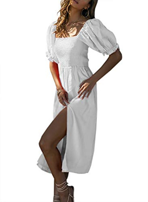 Meikulo A-Line Dress for Women Cute Vintage Dress Sexy Ruffle Puff Short Sleeve Square Neck Smock Casual Summer Flowy Midi Dress with Slit White- S Meikulo A-Line Dress for Women Cute Vintage Dress Sexy Ruffle Puff Short Sleeve Square Neck Smock Casual Summer Flowy Midi Dress with Slit White- S