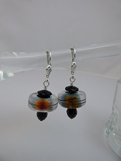 Frosted Orange Dichroic Artisan Lampwork Earrings with Swarovski Crystal Accents and Sterling Silver Leverback Ear Wires