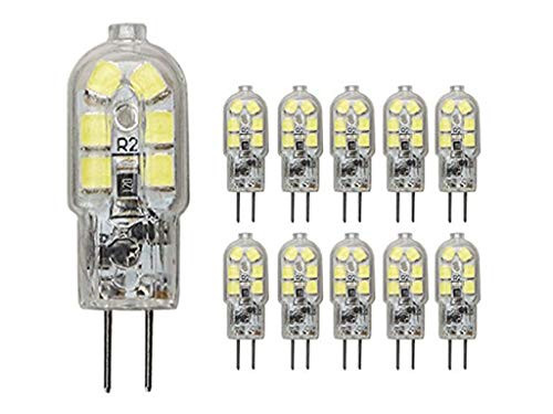 JKLcom G4 LED Light Bulbs G4 Bi-Pin Base 1.5W (20W Halogen Bulb Equivalent) 12V Daylight White 6000K LED Bulbs for Landscape Ceiling Under Counter Puck Lighting,Pack of 10,Clear Cover