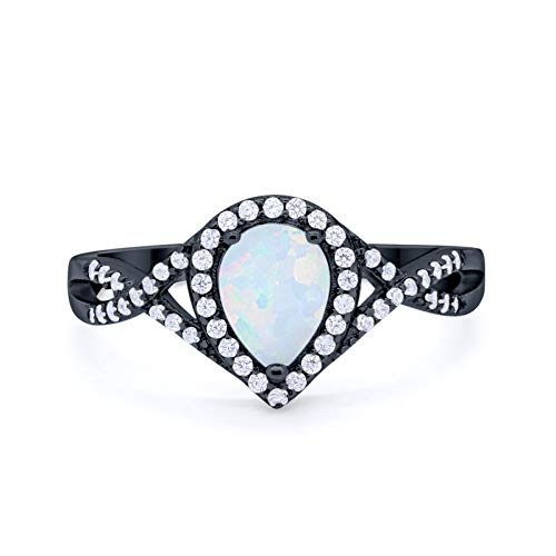 Halo Teardrop Wedding Engagement Promise Ring Infinity Accent Lab White Opal Round CZ Black Tone 925 Sterling Silver- Size-7