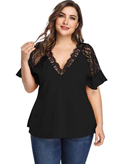 SOLY HUX Women's Plus Size V Neck Lace Trim Short Sleeve Top Blouse Black 3XL