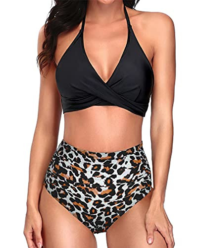 Yonique Women High Waisted Two Piece Bikini Swimsuit Halter Twist Front Bathing Suit Ruched Swimwear Leopard L