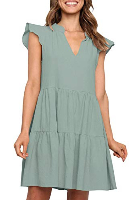 ZESICA Women's Summer Boho V Neck Sleeveless Ruffle Swing A Line Beach Mini Dress Green