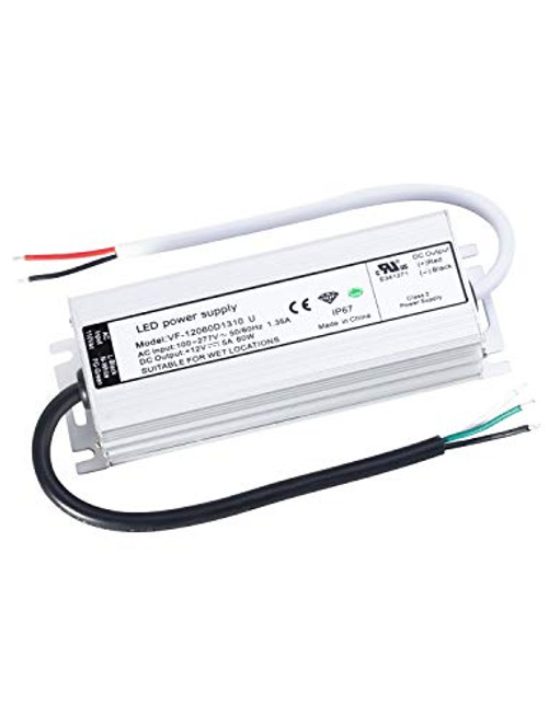 UL Certified LED Driver 12v 60W Waterproof IP67 Class 2 LED Power Supply Transformer 100V-277V AC to 12V DC Low Voltage Output for LED Light Outside-60W-12V-