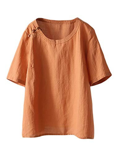 LaovanIn Women's Summer Linen Tunic Tops Casual Short Sleeve Shirts Blouse Large Orange