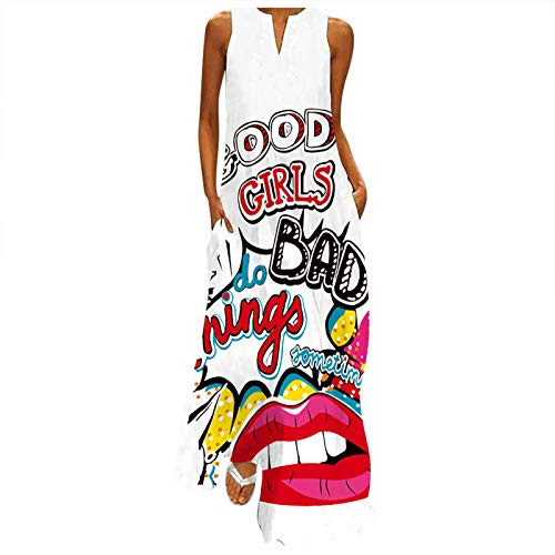 Women Long Dress Printed V-Neck Split Hem Baggy Summer Split Hem Baggy Kaftan Sleeveless Maxi Dresses White Women Long Dress Printed V-Neck Split Hem Baggy Summer Split Hem Baggy Kaftan Sleeveless Maxi Dresses White