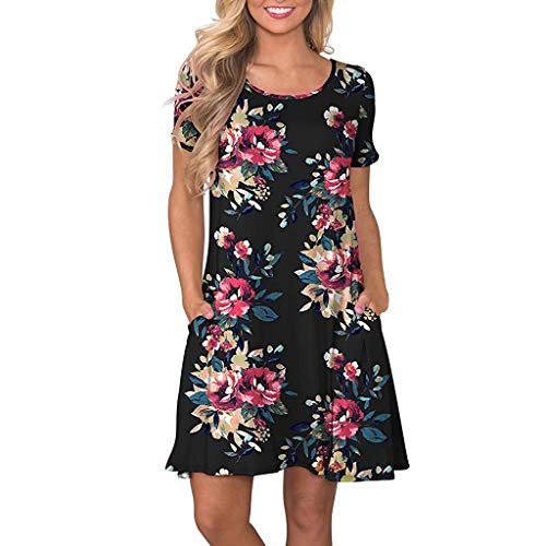 Toeava Women's Summer Short Sleeve Floral Printed Short Mini Dresses Bohemian Vintage Round Neck Sundress with Pockets Toeava Women's Summer Short Sleeve Floral Printed Short Mini Dresses Bohemian Vintage Round Neck Sundress with Pockets