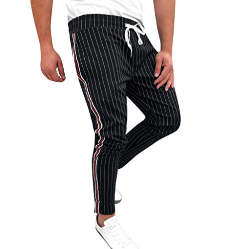 Mens Striped Long Pants Casual Joggers Patchwork Drawstring Skinny Stretch Sweatpants Trousers -2XL- Black-