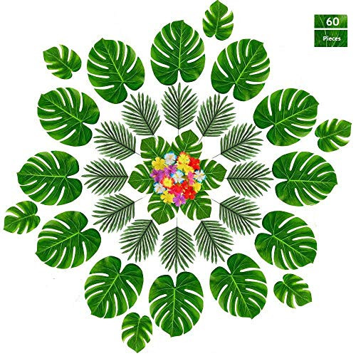 60 Pcs Tropical Party Decoration Supplies13" and 8" Tropical Palm Leaves and Hibiscus Flowers, Simulation Leaf for Hawaiian Luau Party Jungle Beach Theme Table(HibiscusTropicalLeaf,60pcs)