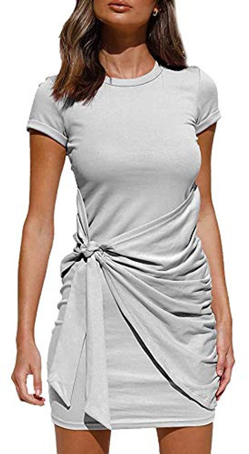 Ru Sweet Women's Short Sleeve Crew Neck T Shirt Dress Tie Waist Ruched Bodycon Mini Dress White Ru Sweet Women's Short Sleeve Crew Neck T Shirt Dress Tie Waist Ruched Bodycon Mini Dress White