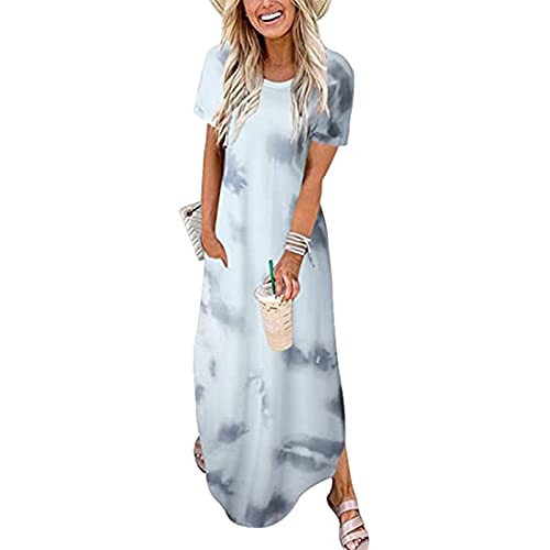 GCETTIC Women's Maxi Dress Casual Summer Tie Dye Long Maxi Dress Short Sleeve Party Beach Sundress White GCETTIC Women's Maxi Dress Casual Summer Tie Dye Long Maxi Dress Short Sleeve Party Beach Sundress White