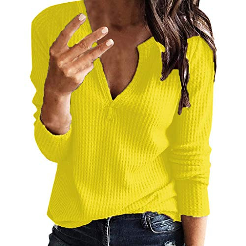 Women's V Neck Waffle Knit Henley Tops Casual Long Sleeve Pullover Sweater Blouses Yellow