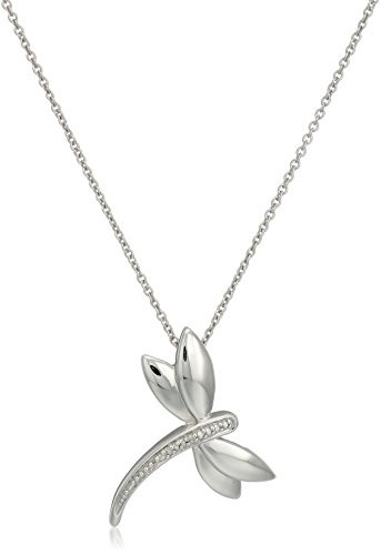 Jewelili Sterling Silver Natural White Round Diamond Accent Dragonfly Pendant Necklace- 18inch Rolo Chain