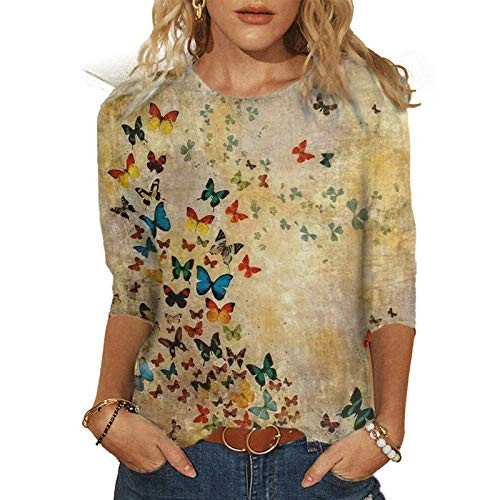 AODONG Tops for Women Summer-3/4 Sleeve Shirts Loose Pullover Comfy Soft Blouses Round Neck Summer Casual Spring Print Tops Khaki