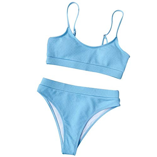 Stoota Womens Two Piece High Waist Swimsuit- Floral Solid Padded Bathing Suit Tummy Control Bottom Bikini Set Beachwear Sky Blue