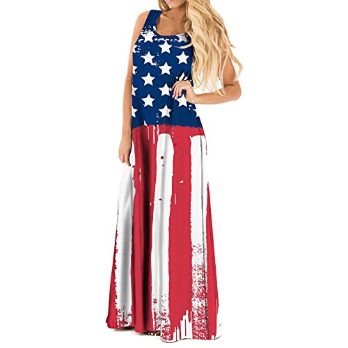 Women's July 4th American Flag Sleeveless Long Maxi Dress Casual Stripe Star Printed Loose O-Neck Tank Dress Sundress White