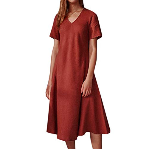 Women's Maxi Long Dresses-Summer Loose V-Neck Short Sleeve Knee Length Dress Solid Color Midi Dress -Orange- M- Women's Maxi Long Dresses-Summer Loose V-Neck Short Sleeve Knee Length Dress Solid Color Midi Dress -Orange- M-