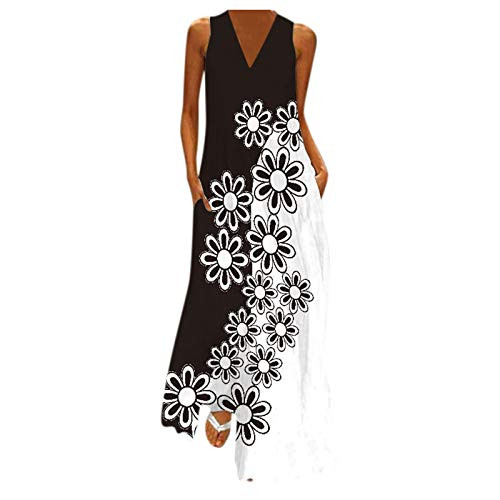 NLOMOCT Dresses for Women- Womens Casual Summer Maxi Dress Print V-Neck Plus Size Sundress Sleeveless Long Dress with Pocket White