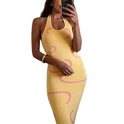LIOMENGZI Sexy Halter Neck Bodycon Dress for Women Knitted Cut Out V-Neck Sleeveless Vest Long Dress Y2K Streetwear -Yellow- M- LIOMENGZI Sexy Halter Neck Bodycon Dress for Women Knitted Cut Out V-Neck Sleeveless Vest Long Dress Y2K Streetwear -Yellow- M-