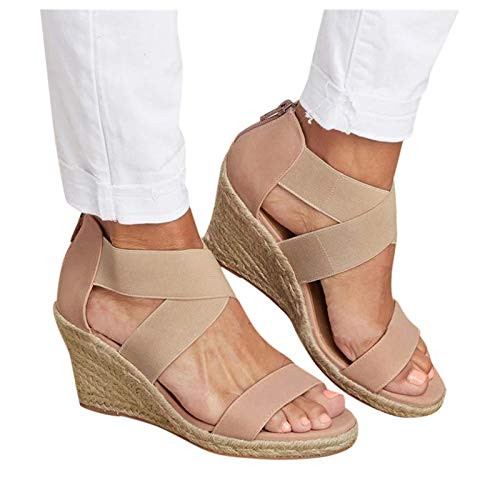 Aniywn Women's Elastic Ankle Strap Espadrilles Wedge Sandals Comfort Open Front Platform Wedges Heeled Sandals Pink