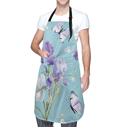 Adjustable Neck Hanging Personalized Waterproof Apron-Floral with Purple Blooming Iris Flowers and Flying Butterflies-Kitchen Bib Gown for Men Women with 2 Center Pockets