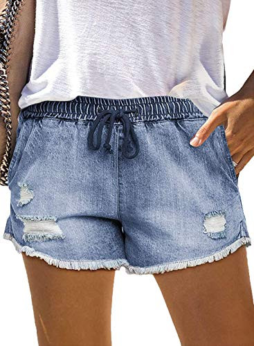 ROSKIKI Women's Comfy Ripped Denim Jean Shorts Summer Elastic Waist Drawstring Casual Frayed Ripped Hem Pocketed Short Pants Sky Blue X-Large