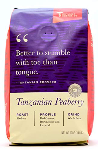 Tanzanian Peaberry Whole Bean Arabica Coffee, Medium Roast, Premium Gourmet Coffee (12oz vented bag)