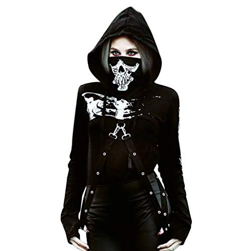 CapsA Women Halloween Costumes-Punk Hoodie Black Print Long Sleeve Fashion Halloween Top Sweatshirt Skeleton Pullover