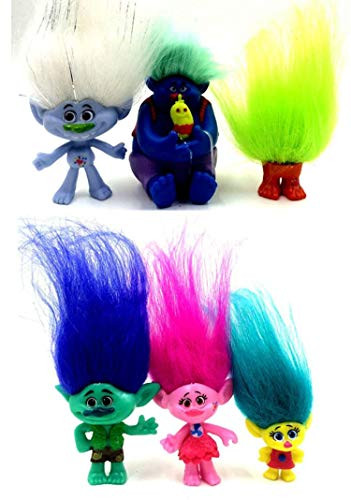 Qukueoy 6 Pack Poppy Trolls Figures with Hair for Girls Party Favors,Trolls Toys Branch and Poppy,Guy Diamond, Biggie, Smidge, Fuzzbert