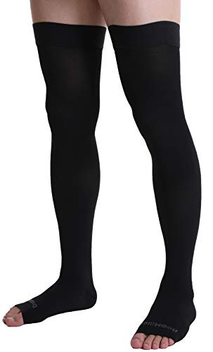 Doc Miller Thigh High Open Toe Compression Hose 30-40 mmHg Opaque Stockings -Black- Large-