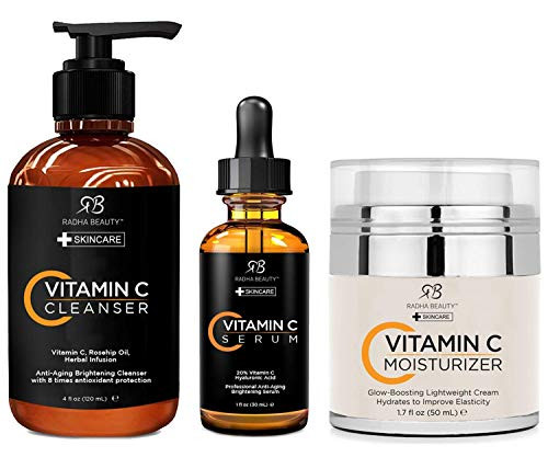 Radha Beauty Vitamin C Complete Facial Care Kit - 3-in-1 Anti-Aging Set with Cleanser- Serum- and Moisturizer for Wrinkles- Dark Spots- and Acne. Day  and  Night Brightening Skincare Gift Set