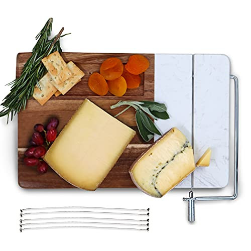 Premium Wood and Marble Cheese Slicer with 5 Spare- Cheese Cutting Board- Cheese Board- Charcuterie Boards- Cheese Cutter- Cheese Slicers for Block- House Warming Presents for New Home