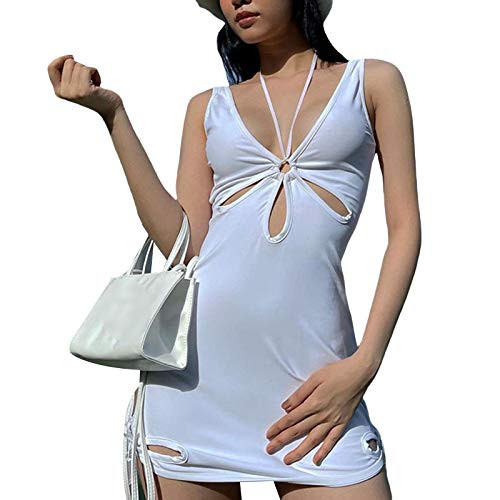 Y2K Women Sexy Halter Dress Bodycon Cutout Sleeveless Mini Club Tank Dress E Girl Streetwear -White- Small-