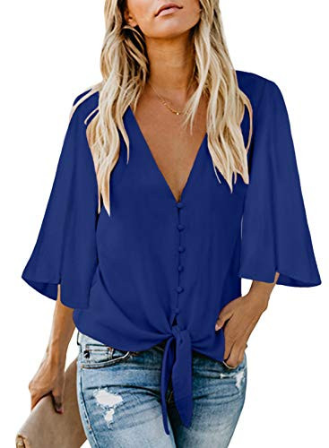 Ecrocoo Blouses for Women Fashion V Neck Button Down Shirt Bell Short Sleeve Tie Knot Summer Tops Solid Ladies Casual T-Shirt Blue S
