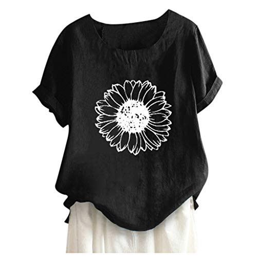 ZSBAYU Plus Size Women Short Sleeve Cotton Linen O-Neck Floral Print Blouse Top T-Shirt Loose Casual Tunic Pullover Black