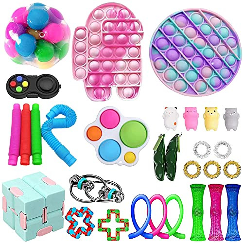Sensory Fidget Toy Set- Fidget Pack Sensory Relieves Stress Anxiety for Kids Adults- Fidget Block with Simple Dimple in It- Tie Dye Push Pop Bubble Toy -30PCS D-
