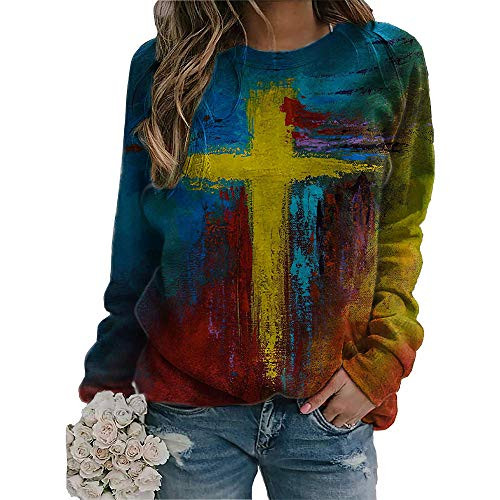 Womens Oil Painting Faith Jesus Cross Printed Casual Sweatshirt Crewneck Block Pullover Loose Blouse Sweater Yellow Womens Oil Painting Faith Jesus Cross Printed Casual Sweatshirt Crewneck Block Pullover Loose Blouse Sweater Yellow