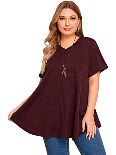 Milumia Women's Plus Size V Neck Short Sleeve Curved Hem Blouse Swing Tops Maroon 2XL