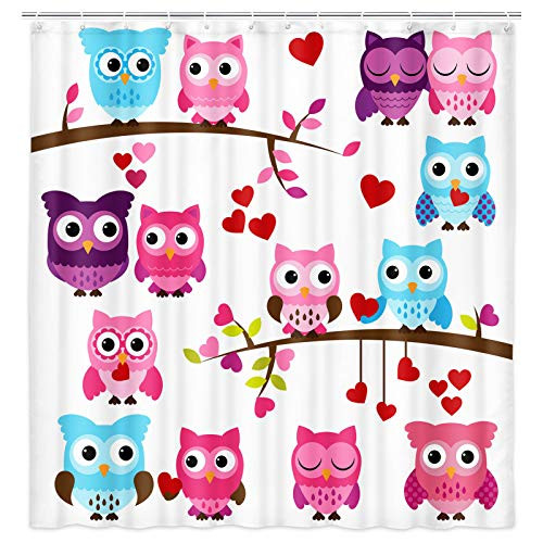 Valentine's Day Funny Owl Fabric Shower Curtain-Cute Cartoon Pink Blue Owls in Love on Springtime Floral Branch Leaves Shower Curtain for Bathroom- Romance Hearts Shower Curtain Set with Hooks- 70in Valentine's Day Funny Owl Fabric Shower Curtain-Cute Cartoon Pink Blue Owls in Love on Springtime Floral Branch Leaves Shower Curtain for Bathroom- Romance Hearts Shower Curtain Set with Hooks- 70in